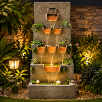 Cascading Wooden Wall Water Fountain with LED & Planters - Outdoor Garden Fountain