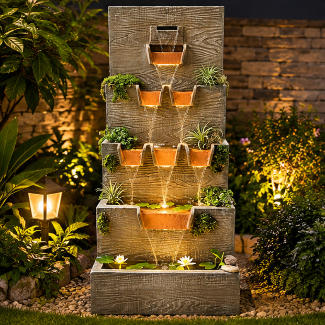 Cascading Wooden Wall Water Fountain with LED & Planters - Outdoor Garden Fountain