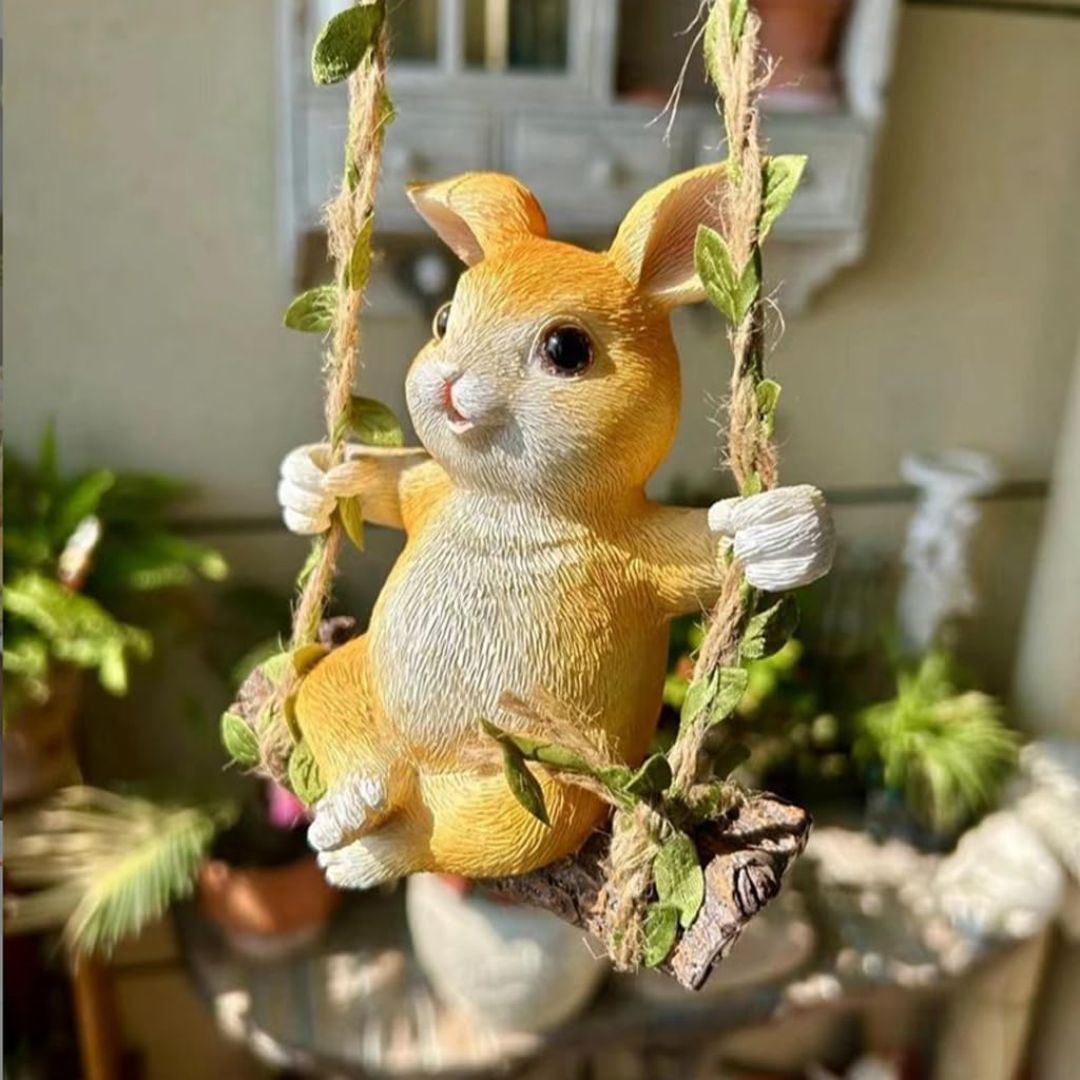 Yellow Bunny on Swing - Cute Hanging Rabbit Garden Decor