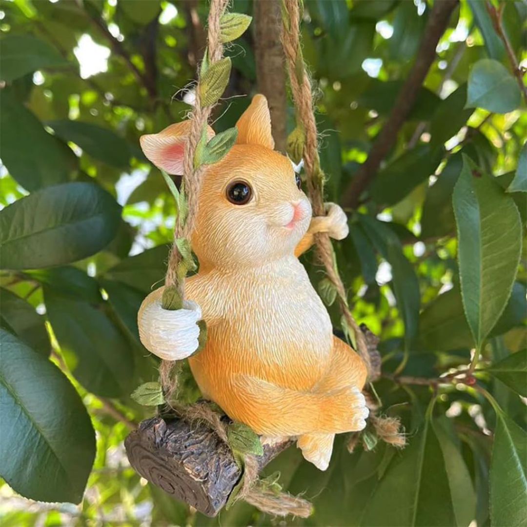 Yellow Bunny on Swing - Cute Hanging Rabbit Garden Decor
