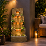 Cascading Wooden Wall Water Fountain with LED & Planters - Outdoor Garden Fountain