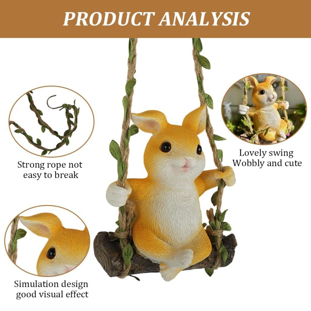 Yellow Bunny on Swing - Cute Hanging Rabbit Garden Decor