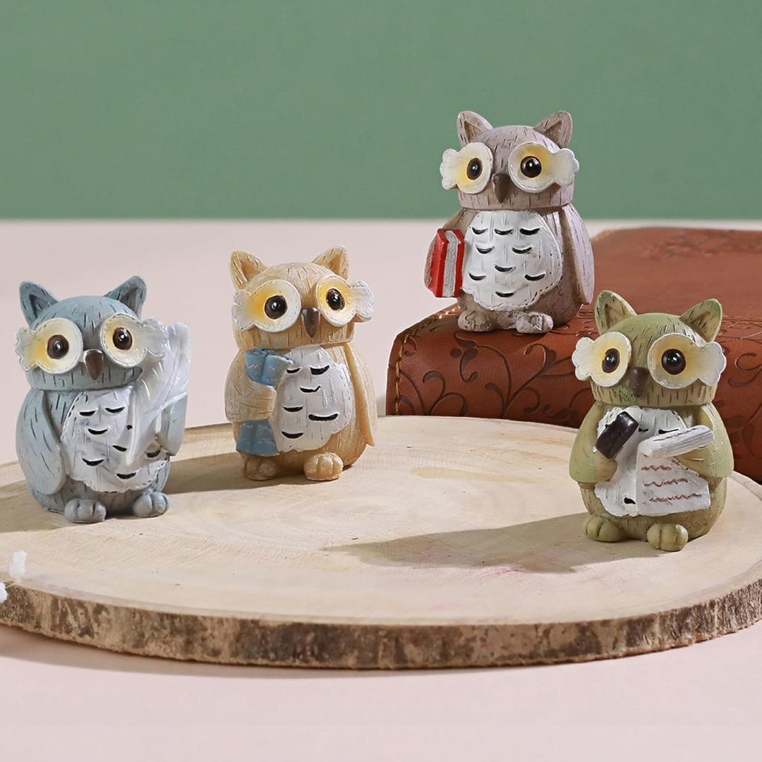 Mini Owl Figurines Set of 4 for Home, Fairy Garden & Indoor Decor
