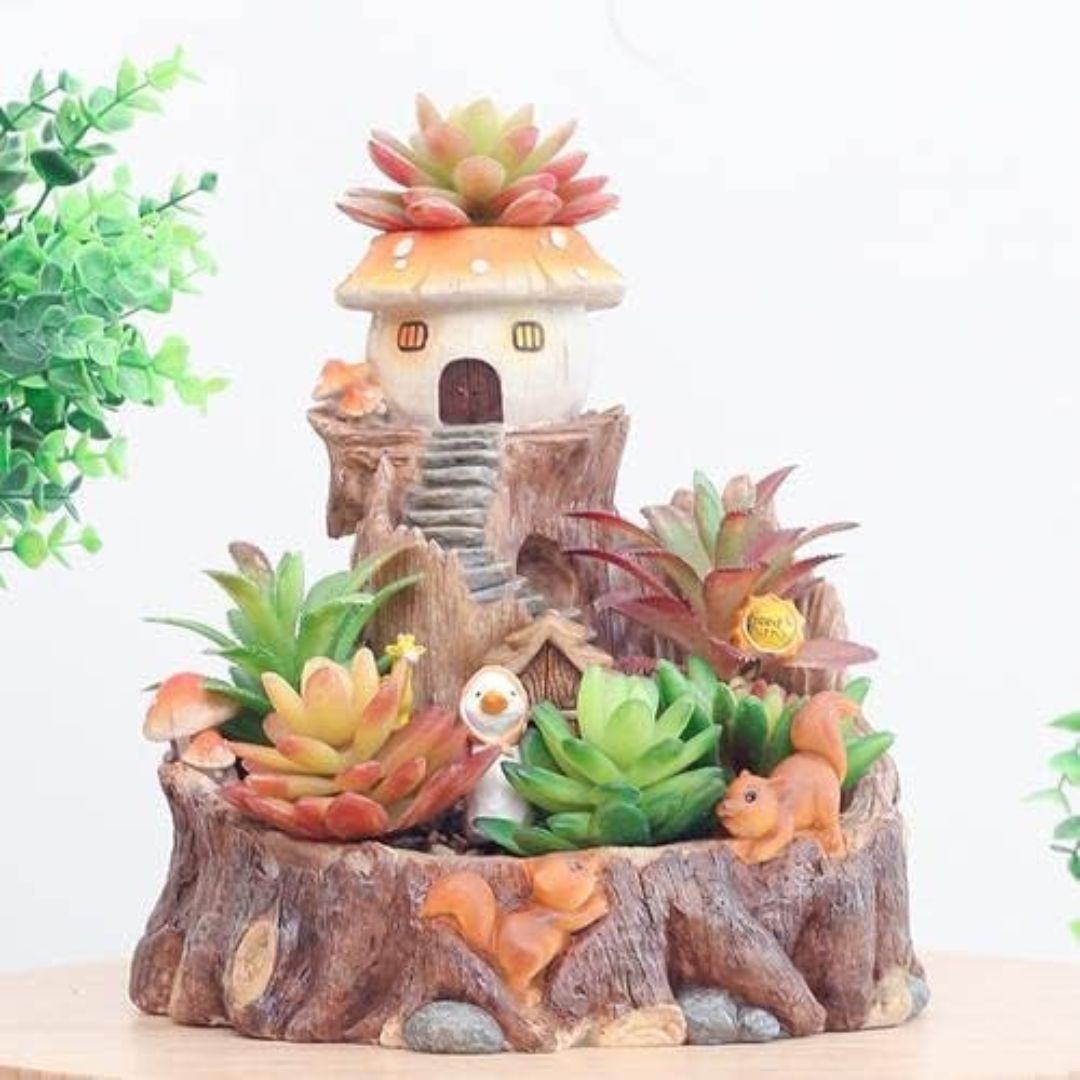 Fairy-Tale Mushroom Treehouse Resin Succulent Planter for Home & Garden Decor