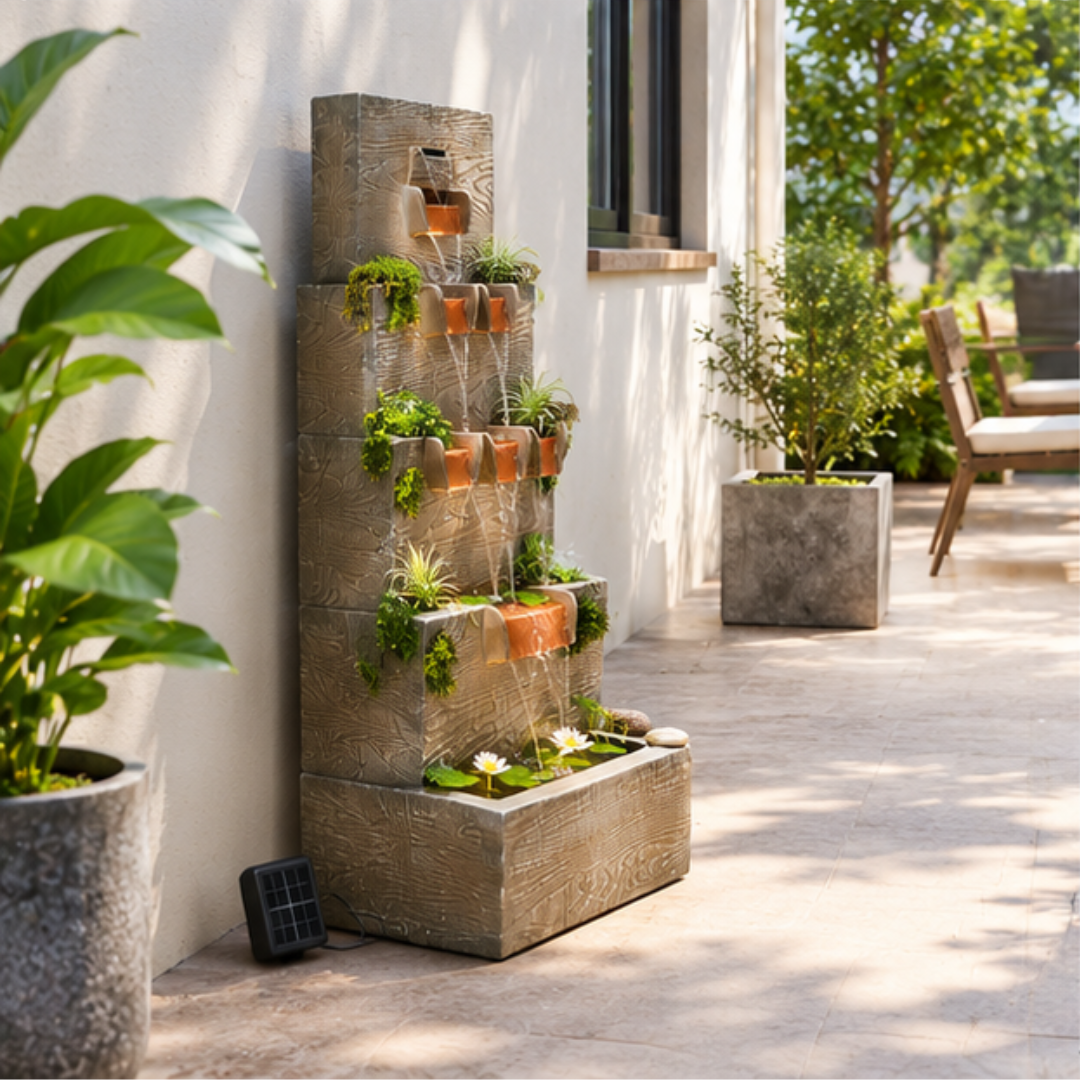 Cascading Wooden Wall Water Fountain with LED & Planters - Outdoor Garden Fountain