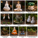 A 3x3 grid showing ten different Buddha-themed garden decor products, including statues, a fountain, a mushroom stool, cranes, a succulent pot, and resin planters, each with its size and description text on a dark outdoor background.