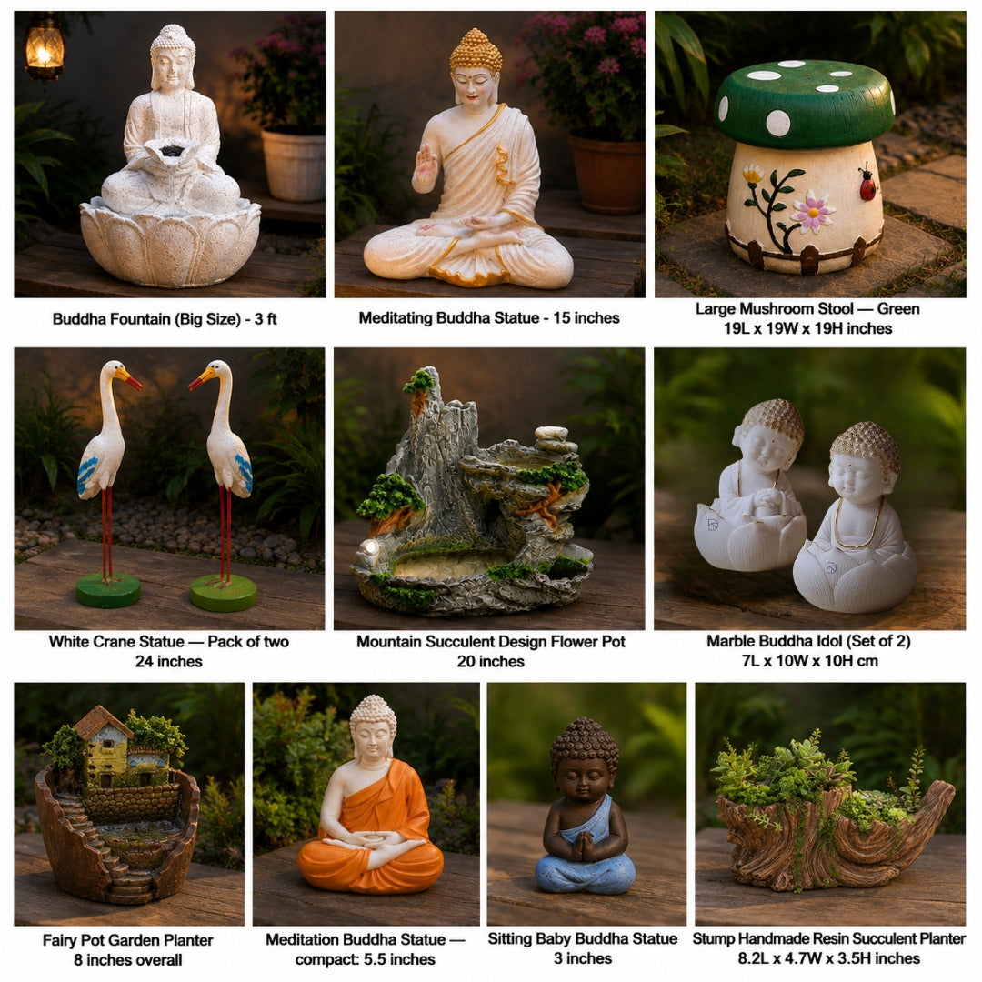 A 3x3 grid showing ten different Buddha-themed garden decor products, including statues, a fountain, a mushroom stool, cranes, a succulent pot, and resin planters, each with its size and description text on a dark outdoor background.