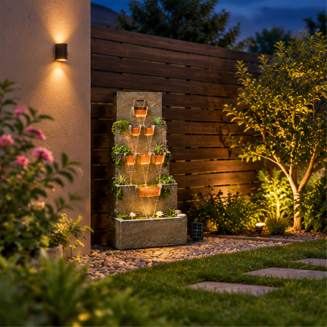 Cascading Wooden Wall Water Fountain with LED & Planters - Outdoor Garden Fountain