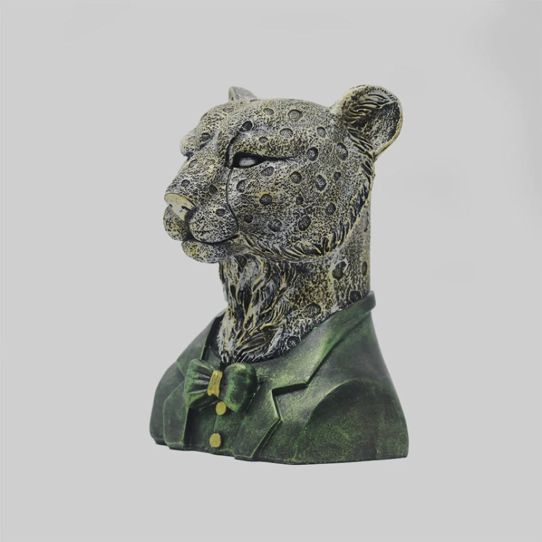 Leopard Bust Statue in Suit | Decorative Animal Head Sculpture – Home & Office Decor