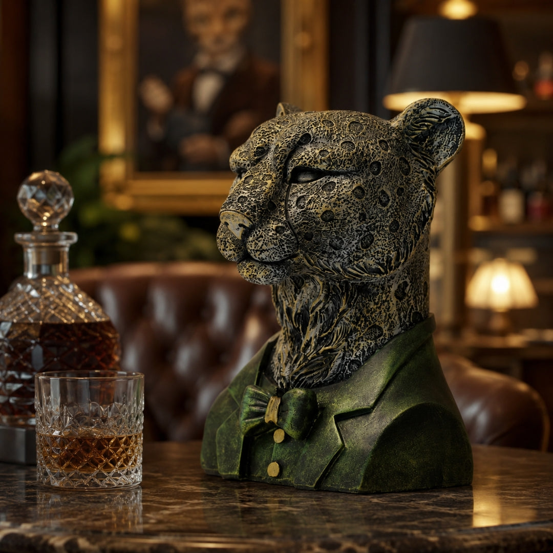 Leopard Bust Statue in Suit | Decorative Animal Head Sculpture – Home & Office Decor