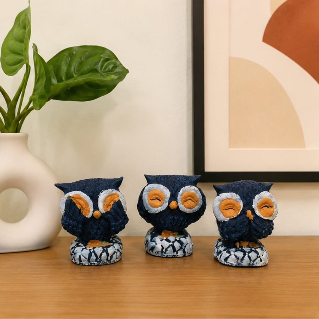 Set of 3 Blue Owl Figurines | Cute See No Evil Home Decor Statues