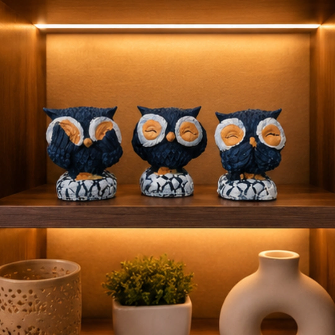 Set of 3 Blue Owl Figurines | Cute See No Evil Home Decor Statues