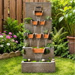 Cascading Wooden Wall Water Fountain with LED & Planters - Outdoor Garden Fountain