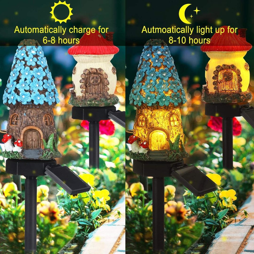 Fairy Mushroom & Flower House Solar Garden Lights for Outdoor Decor (Pack of 2)