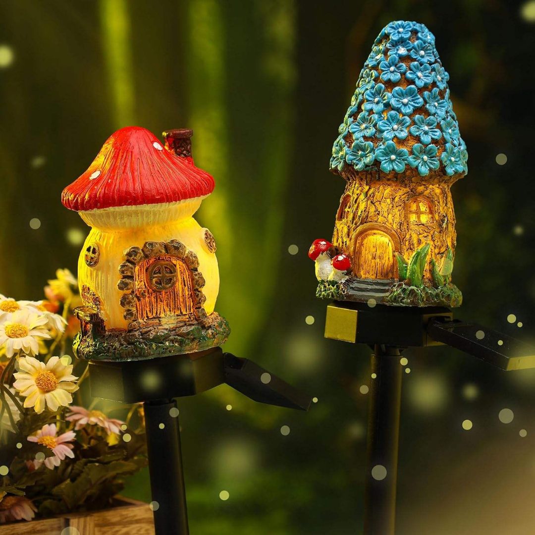 Fairy Mushroom & Flower House Solar Garden Lights for Outdoor Decor (Pack of 2)