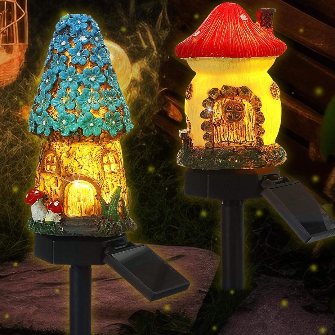 Fairy Mushroom & Flower House Solar Garden Lights for Outdoor Decor (Pack of 2)