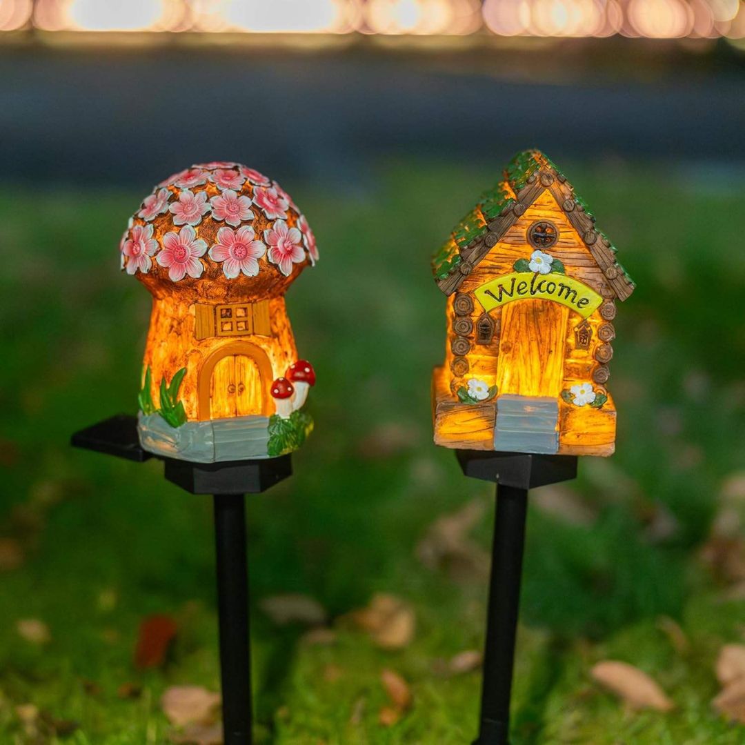 Fairy Mushroom & Flower House Solar Garden Lights for Outdoor Decor (Pack of 2)