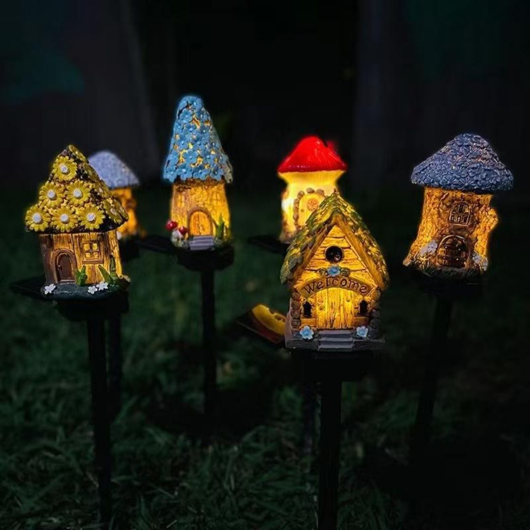 Fairy Mushroom & Flower House Solar Garden Lights for Outdoor Decor (Pack of 2)