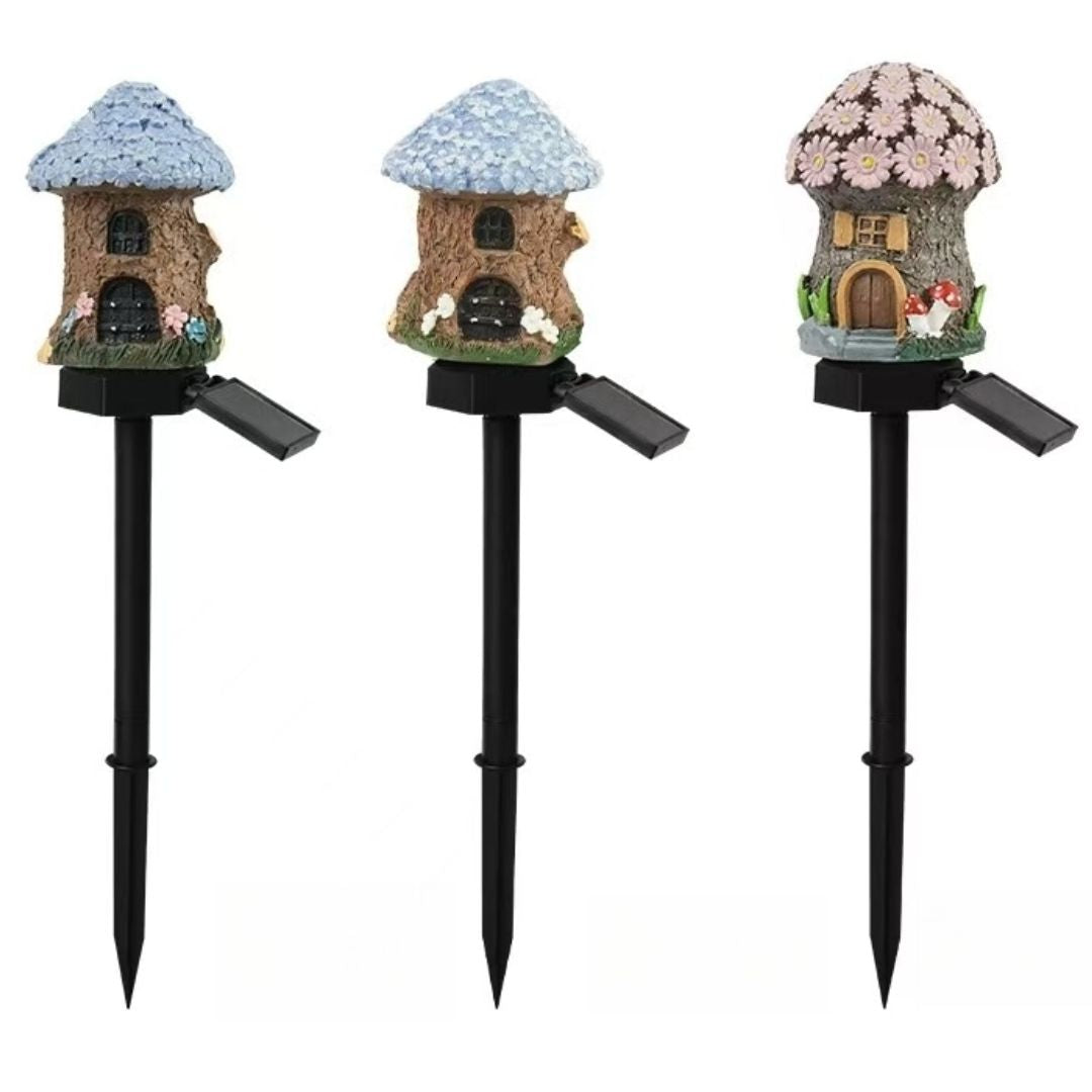 Fairy Mushroom & Flower House Solar Garden Lights for Outdoor Decor (Pack of 2)