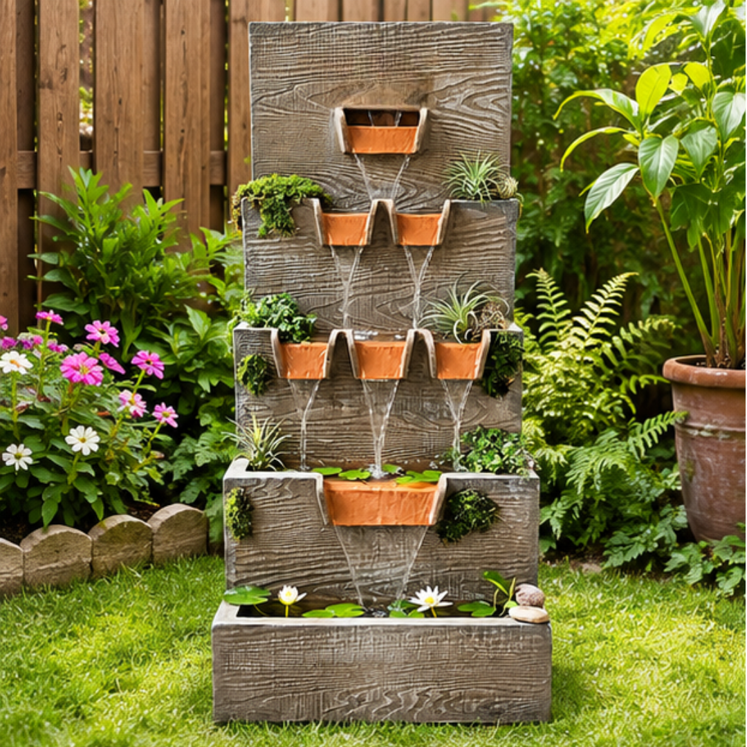 Cascading Wooden Wall Water Fountain with LED & Planters - Outdoor Garden Fountain