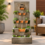 Cascading Wooden Wall Water Fountain with LED & Planters - Outdoor Garden Fountain