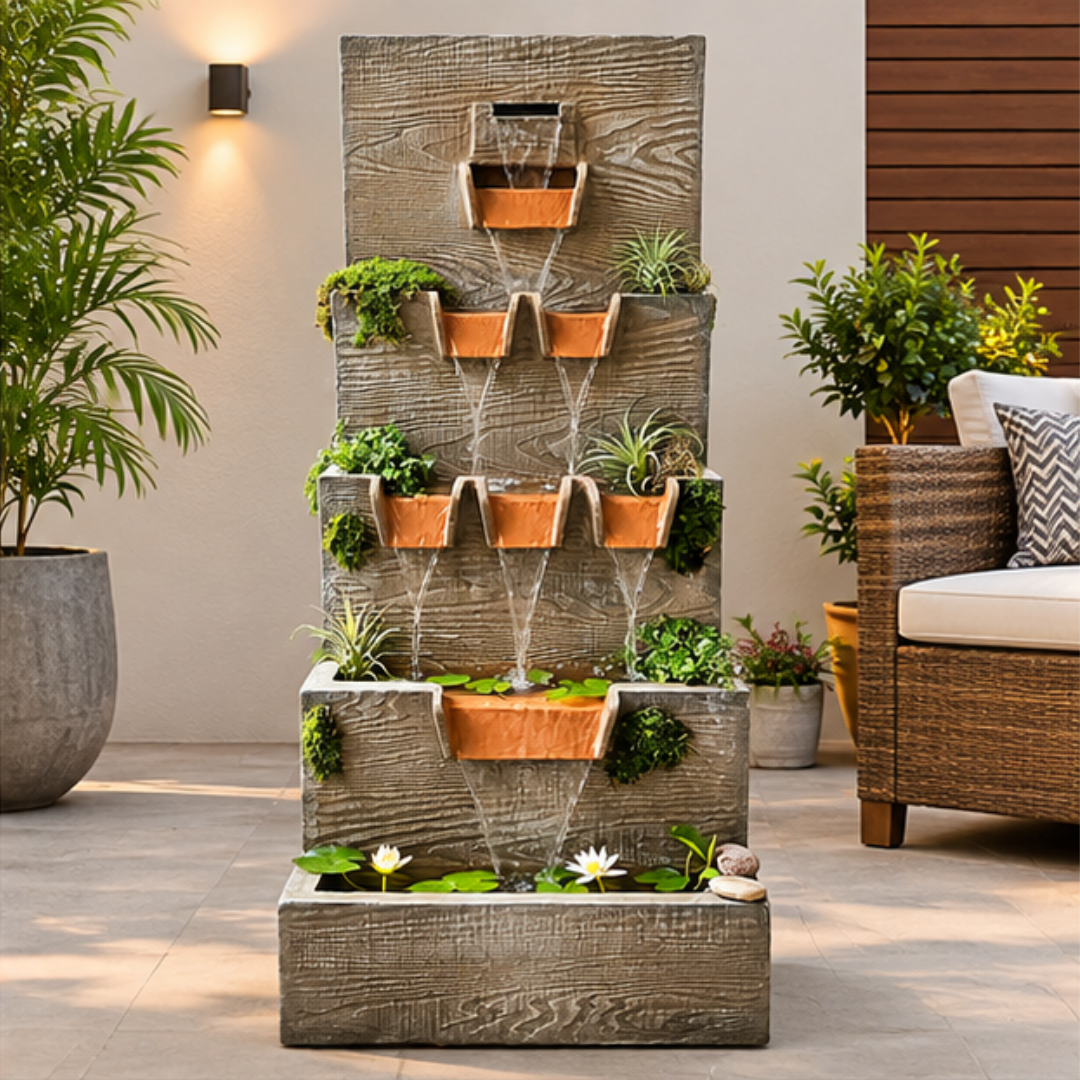 Cascading Wooden Wall Water Fountain with LED & Planters - Outdoor Garden Fountain