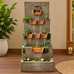 Cascading Wooden Wall Water Fountain with LED & Planters - Outdoor Garden Fountain
