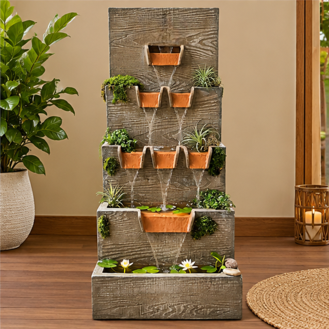 Cascading Wooden Wall Water Fountain with LED & Planters - Outdoor Garden Fountain