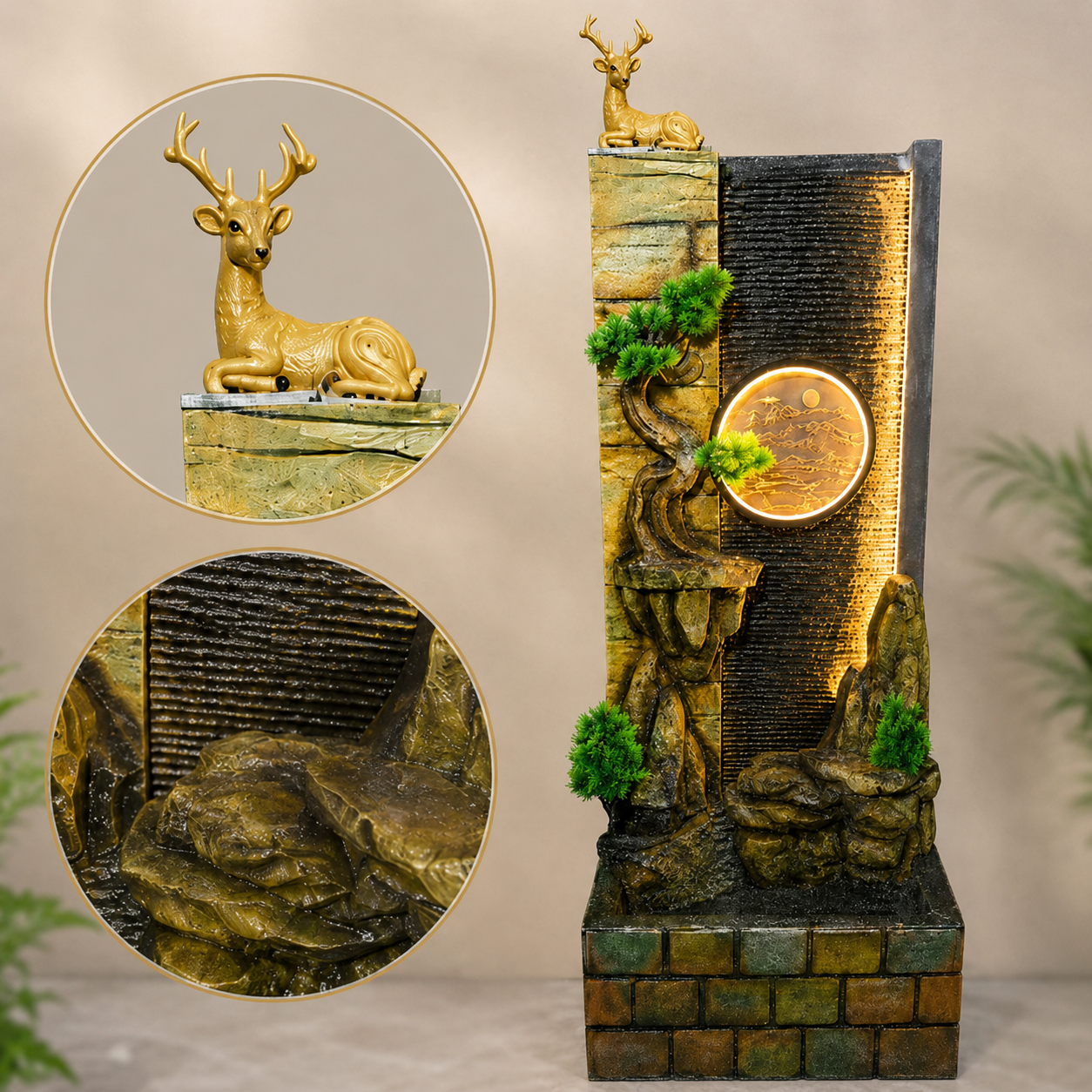 Golden Deer Waterfall Fountain with LED Moon Disc | Home Decor