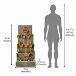 A freestanding tiered waterfall garden feature with terracotta pots and small plants, shown with dimension callouts: 43 in height, 19 in width, and 17.5 in length.