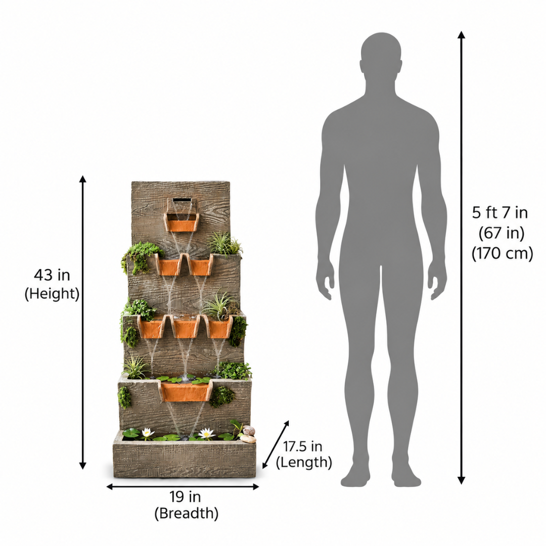 A freestanding tiered waterfall garden feature with terracotta pots and small plants, shown with dimension callouts: 43 in height, 19 in width, and 17.5 in length.