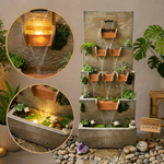Cascading Wooden Wall Water Fountain with LED & Planters - Outdoor Garden Fountain