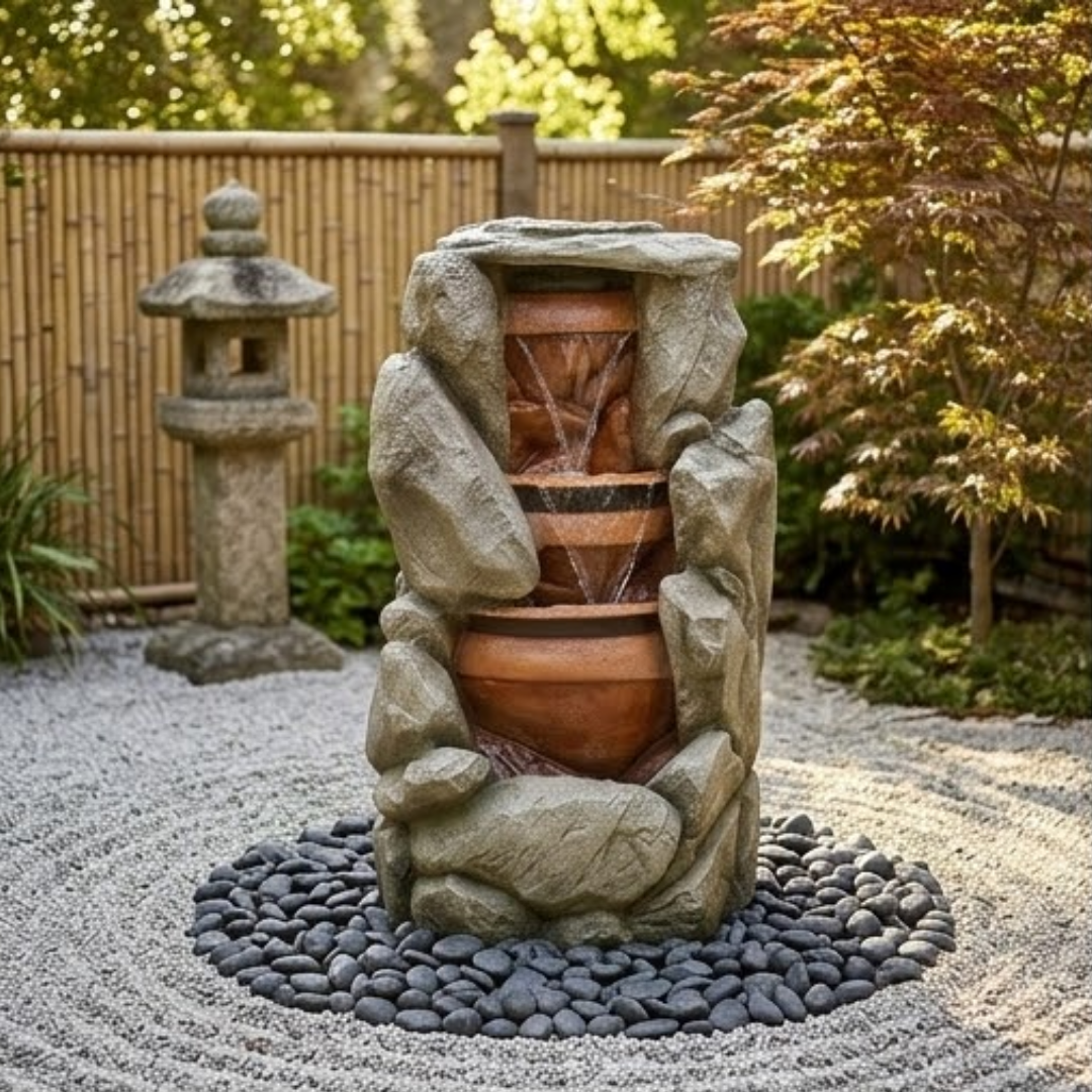 Rock Cascade Water Fountain with LED - Outdoor Stone Pot Fountain