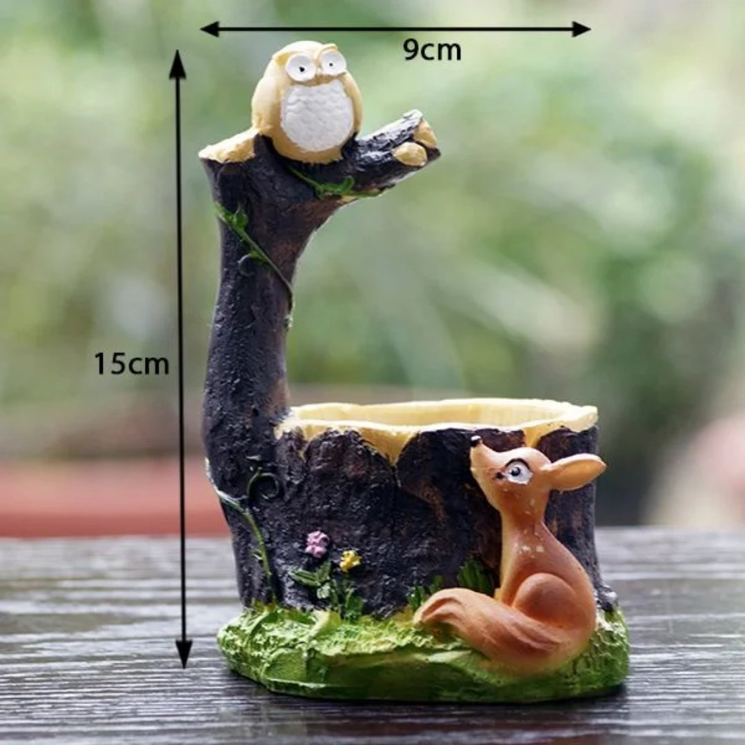 Owl & Squirrel Tree Stump Planter - Resin Succulent Planter with Forest Animals