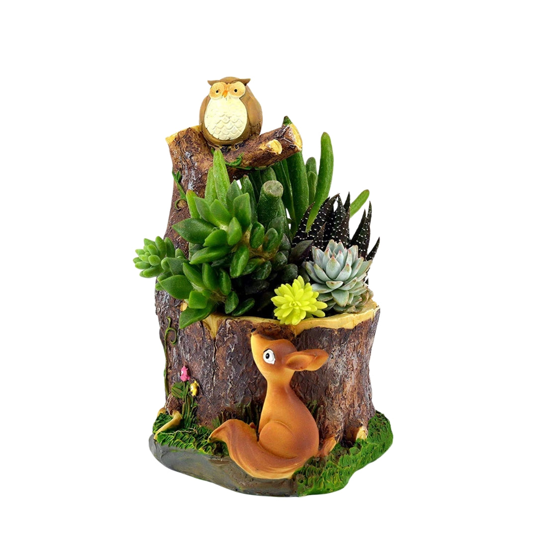 Owl & Squirrel Tree Stump Planter - Resin Succulent Planter with Forest Animals