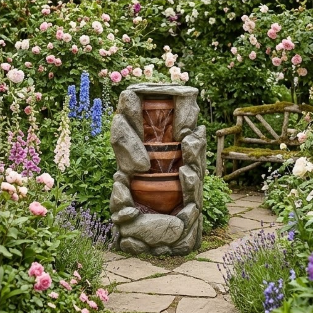 Rock Cascade Water Fountain with LED - Outdoor Stone Pot Fountain