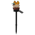 Solar garden stake with 'welcome' sign and two decorative birds on top
