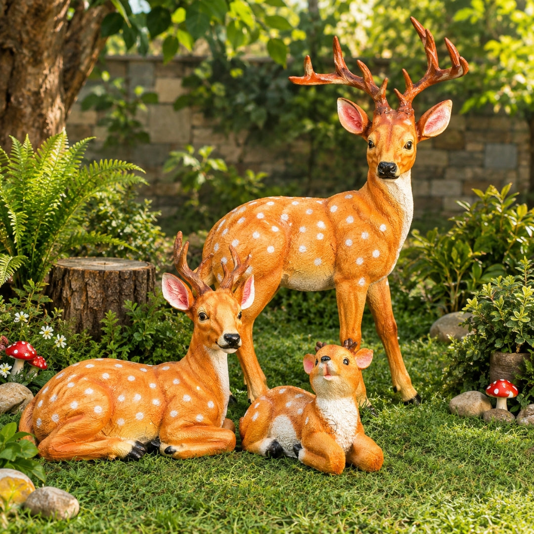 Deer Family Garden Statue Set - Standing, Sitting & Baby Deer Resin Figurines (Set of 3)
