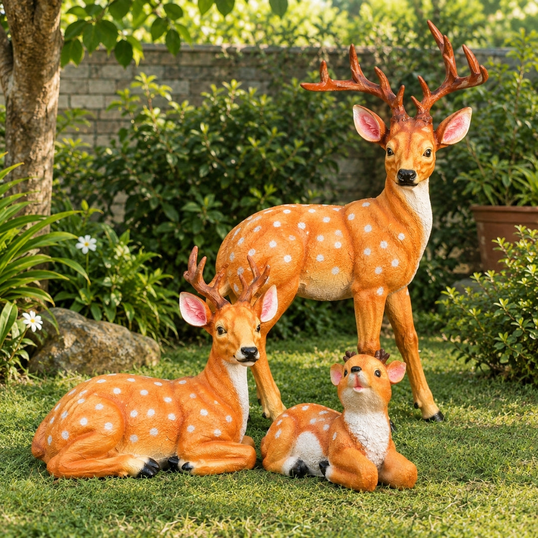 Deer Family Garden Statue Set - Standing, Sitting & Baby Deer Resin Figurines (Set of 3)