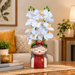 White Orchid Flowers with (Big) Girl Face Planter - 2 Stems Flower for Home Decor