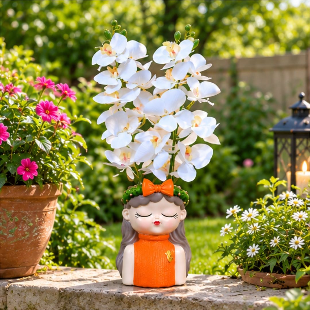 White Orchid Flowers with (Big) Girl Face Planter - 2 Stems Flower for Home Decor