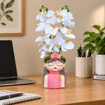 White Orchid Flowers with (Big) Girl Face Planter - 2 Stems Flower for Home Decor