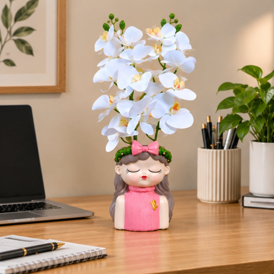 White Orchid Flowers with (Big) Girl Face Planter - 2 Stems Flower for Home Decor