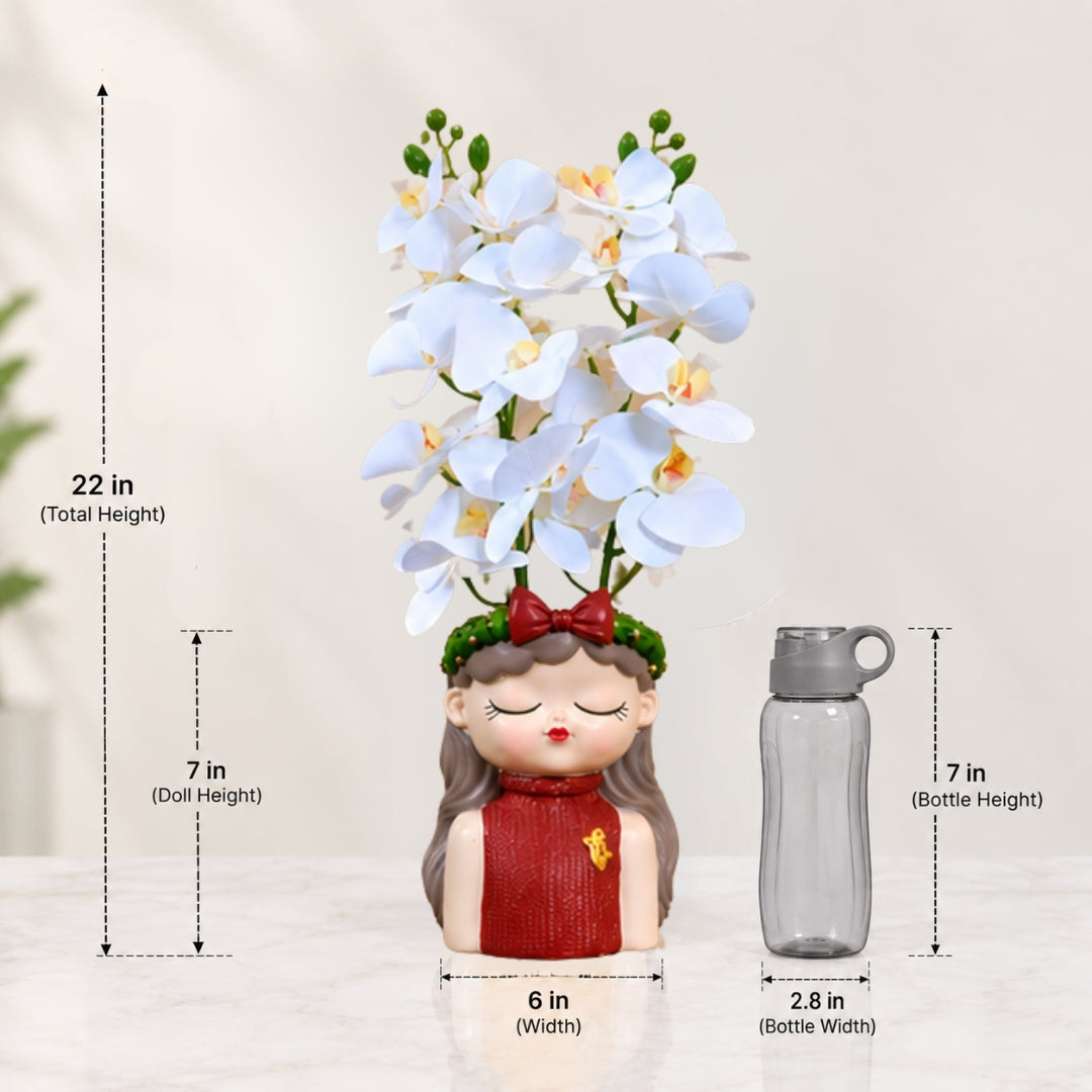 White Orchid Flowers with (Big) Girl Face Planter - 2 Stems Flower for Home Decor