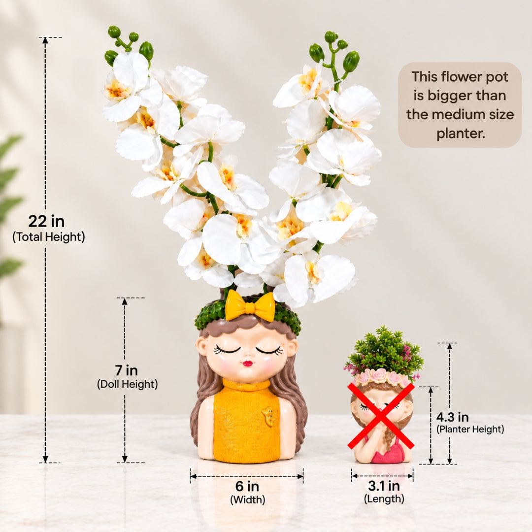 White Orchid Flowers with (Big) Girl Face Planter - 2 Stems Flower for Home Decor