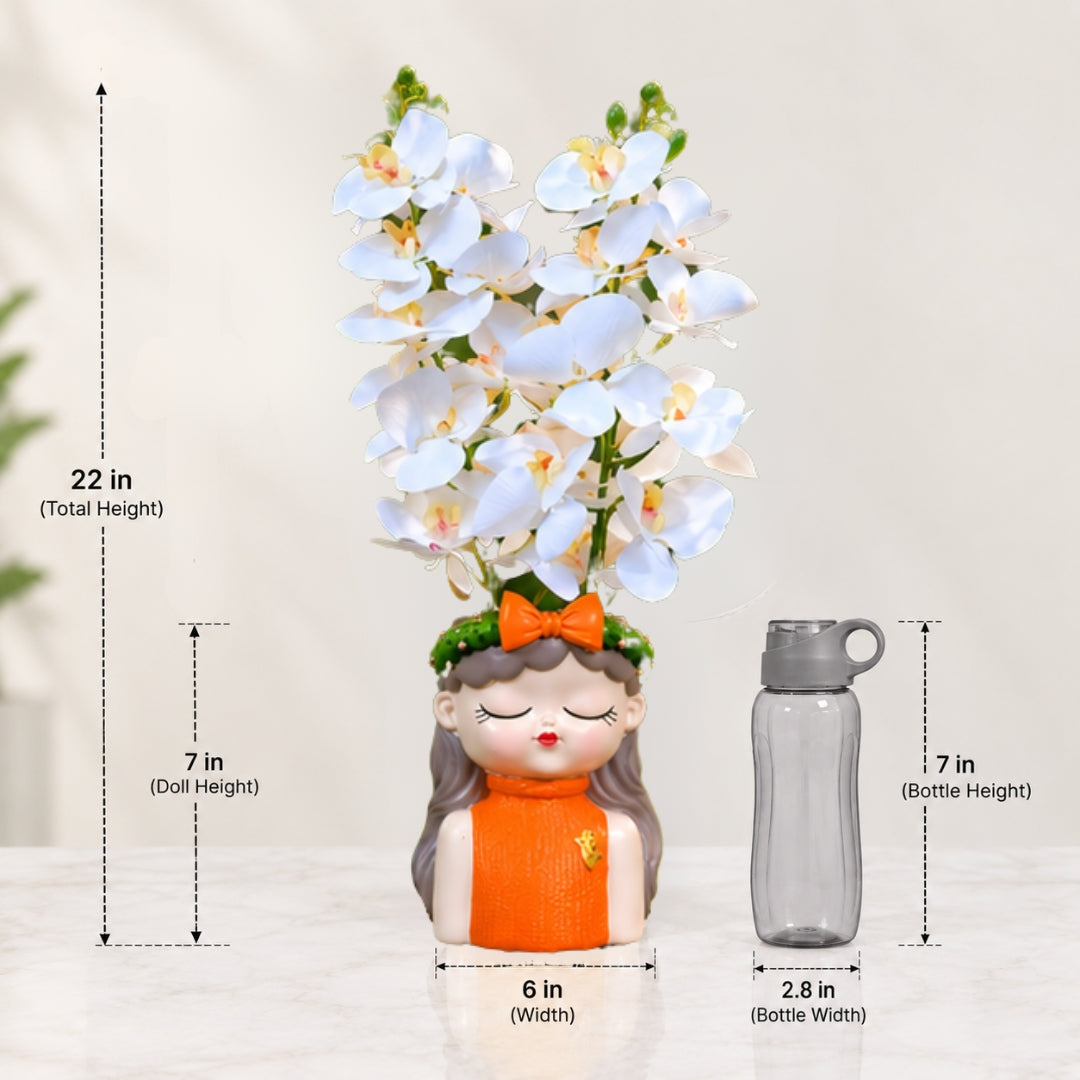 White Orchid Flowers with (Big) Girl Face Planter - 2 Stems Flower for Home Decor
