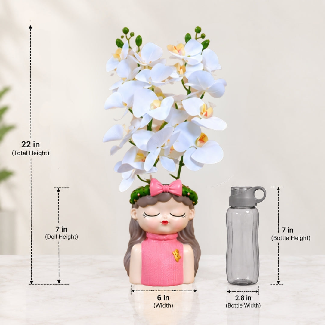 White Orchid Flowers with (Big) Girl Face Planter - 2 Stems Flower for Home Decor