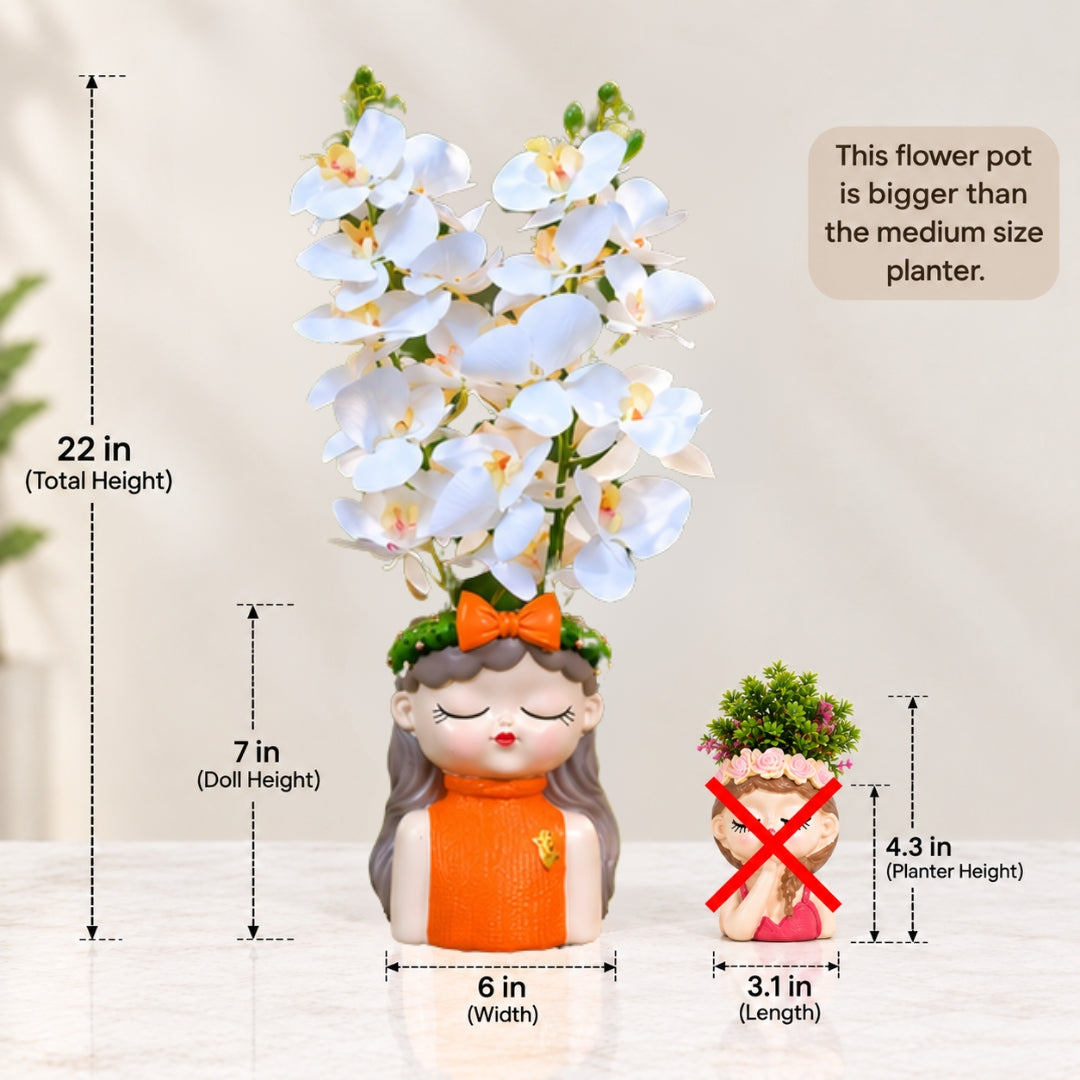 White Orchid Flowers with (Big) Girl Face Planter - 2 Stems Flower for Home Decor