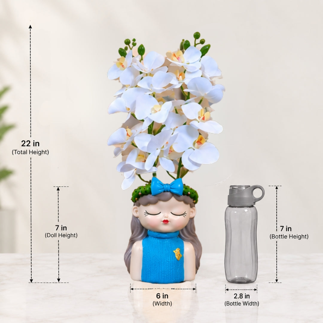 White Orchid Flowers with (Big) Girl Face Planter - 2 Stems Flower for Home Decor