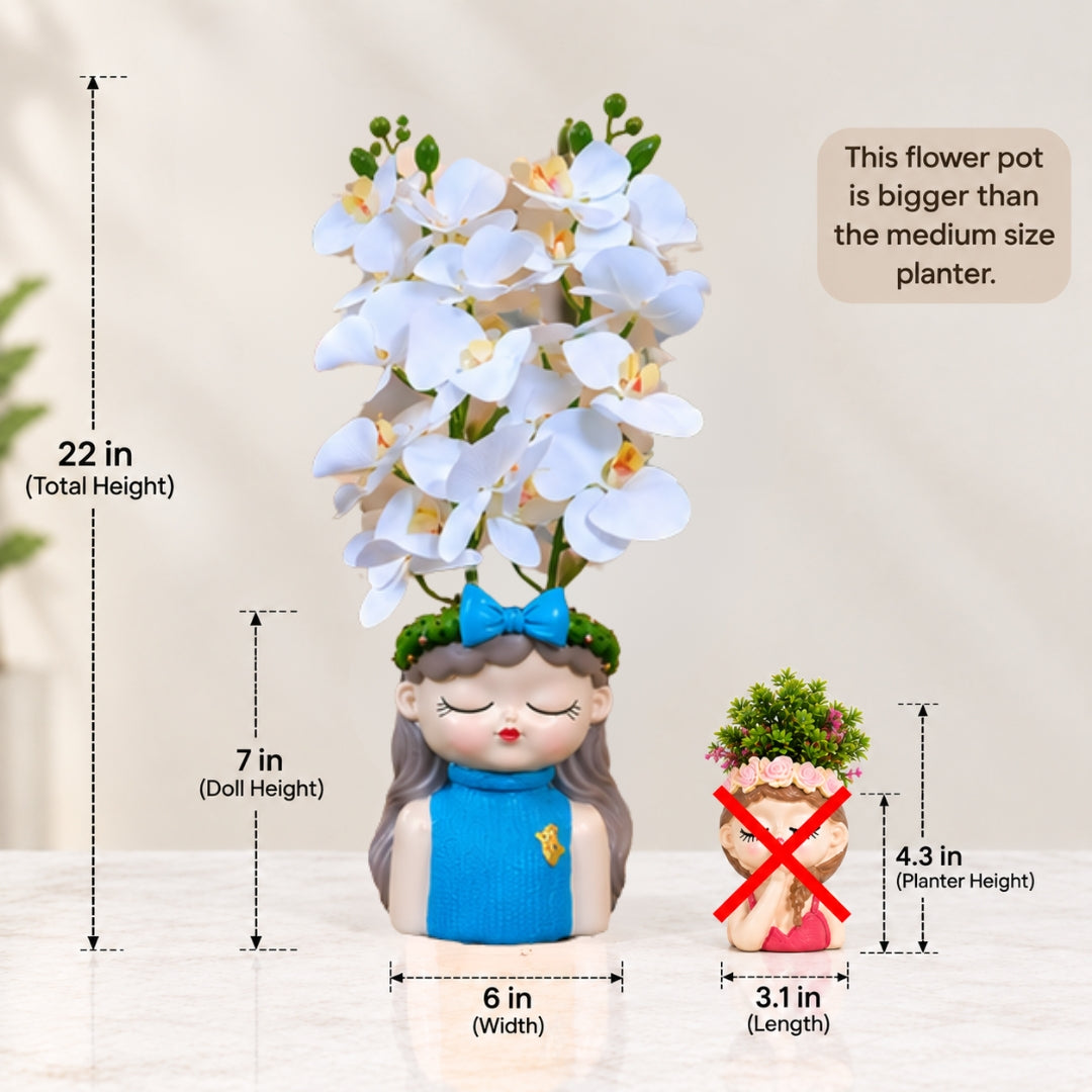 White Orchid Flowers with (Big) Girl Face Planter - 2 Stems Flower for Home Decor